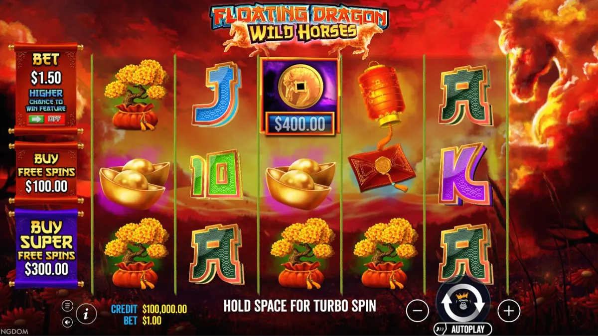 Tampilan visual slot Floating Dragon Wild Horses dengan tema naga dan kuda